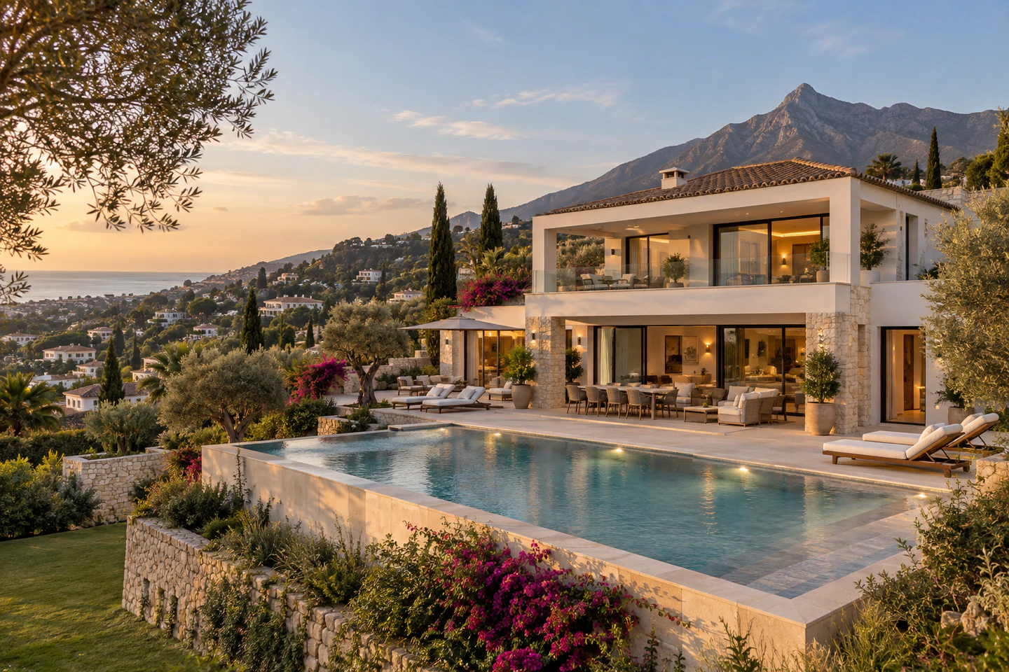 Imagen representativa de una villa mediterránea con piscina, terrazas y vistas a la montaña