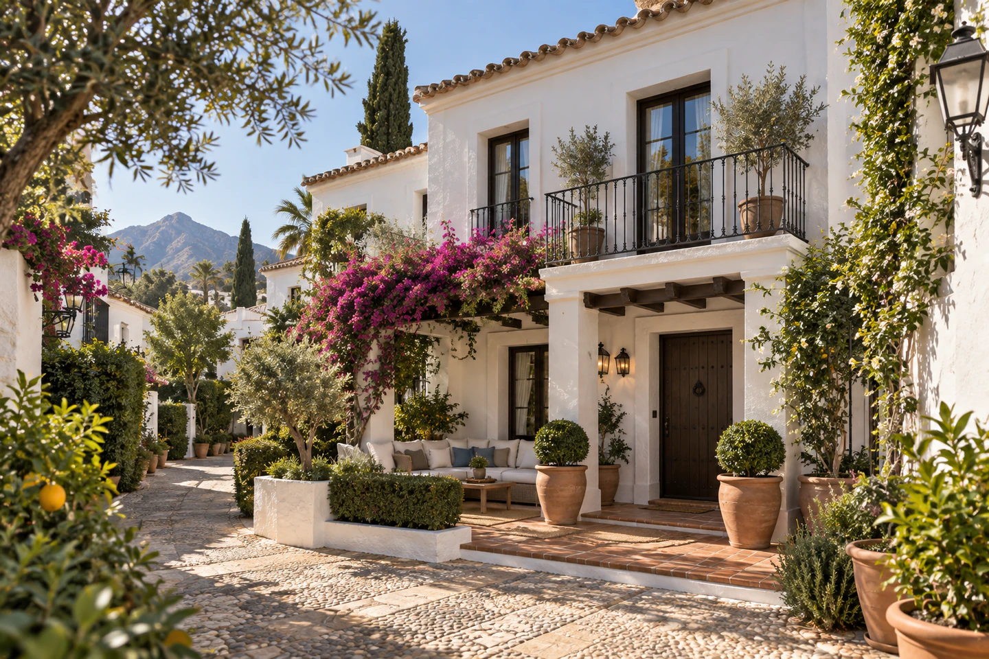 Imagen representativa de un adosado blanco con balcones y patio ajardinado
