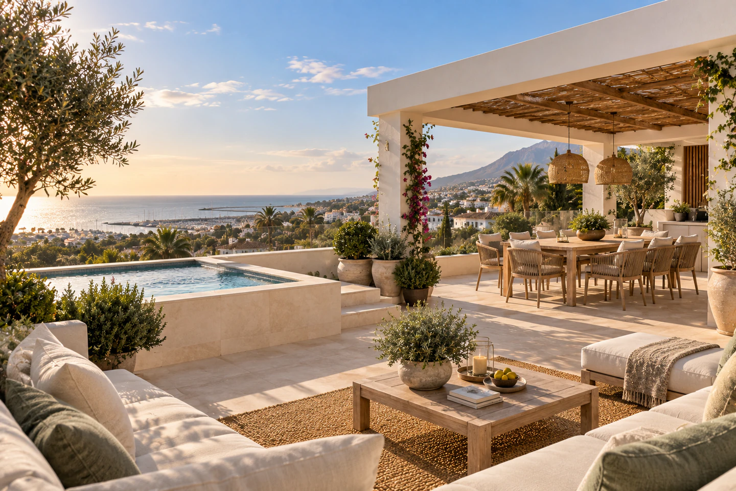 Imagen representativa de la terraza de un ático con comedor y vistas al mar