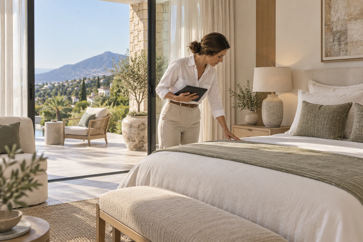 Sunstars professional checking a bedroom in a Marbella villa